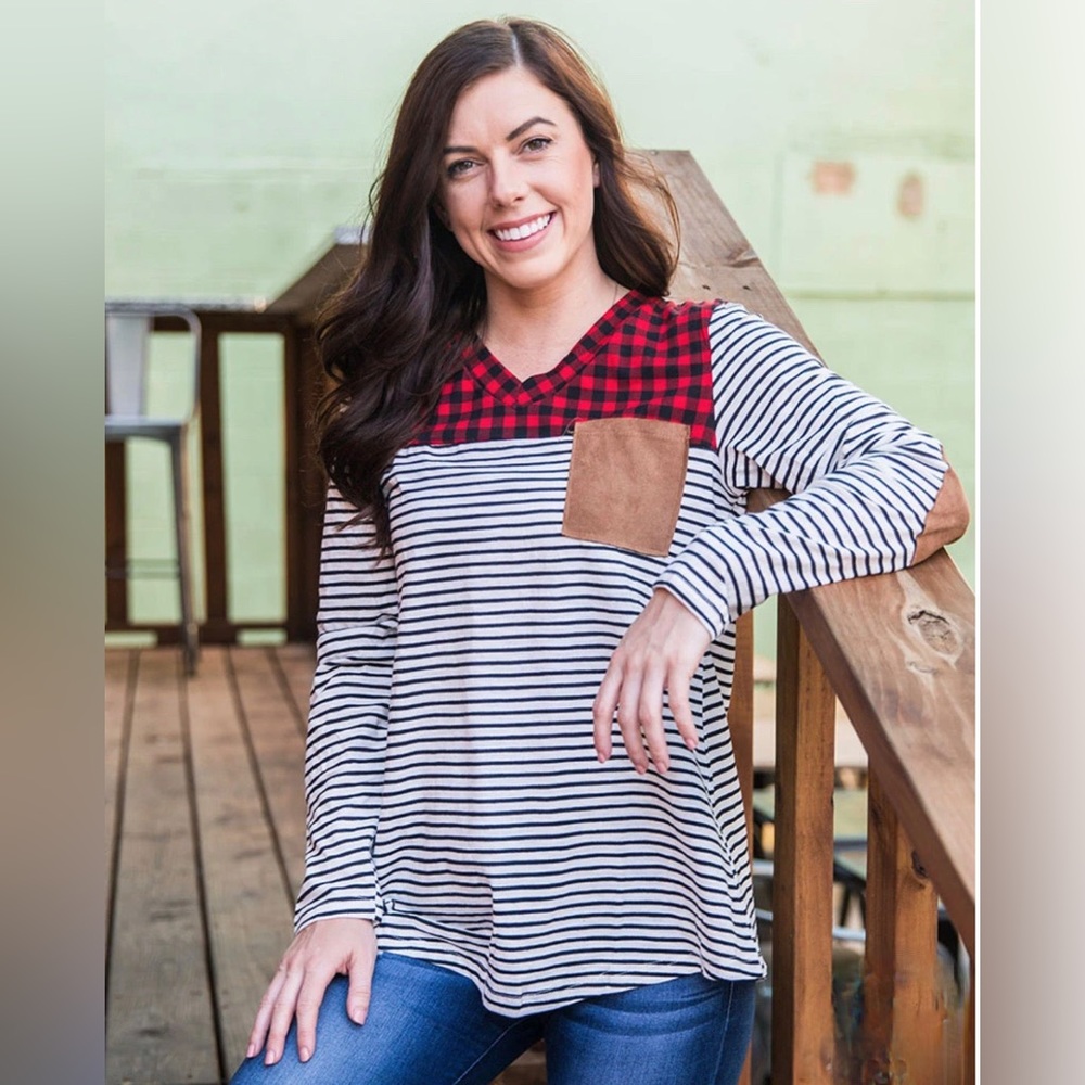 NWT! Buffalo Plaid Top with Suede Elbow Patch